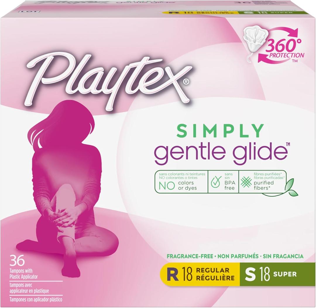 Playtex Simply Gentle Glide Tampons, Multipack (18ct Regular/18ct Super Absorbency), Fragrance-Free - 36ct