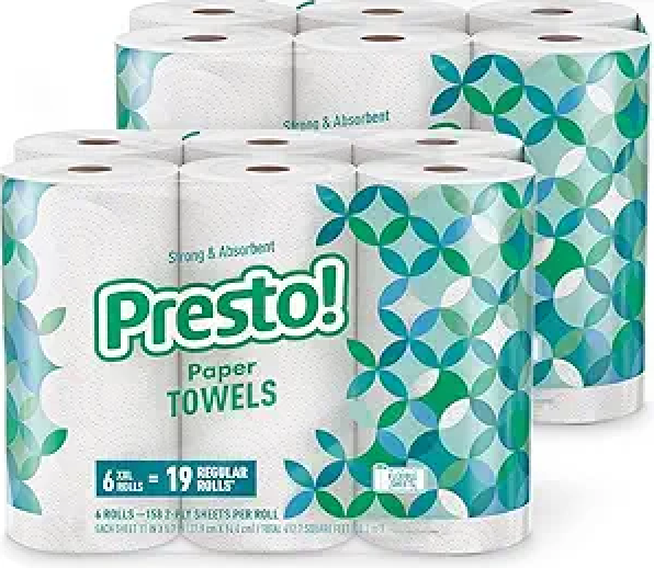 Presto! Ultra-Strong Premium Paper Towels, 158 Sheet Huge Roll - Flex-a-Size, 12 Rolls (2 Packs of 6), Equivalent to 38 Regular Rolls, White