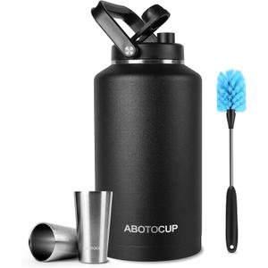 2 Gallon Water Jug with Wide Mouth, 256oz Insulated Water Bottle Keep Cold24h&Hot12h, Comes with Ergonomic Handle, Two Double Walled 16oz 18/8 Stainless Steel Cups Thermo Canteen Mug (Black)