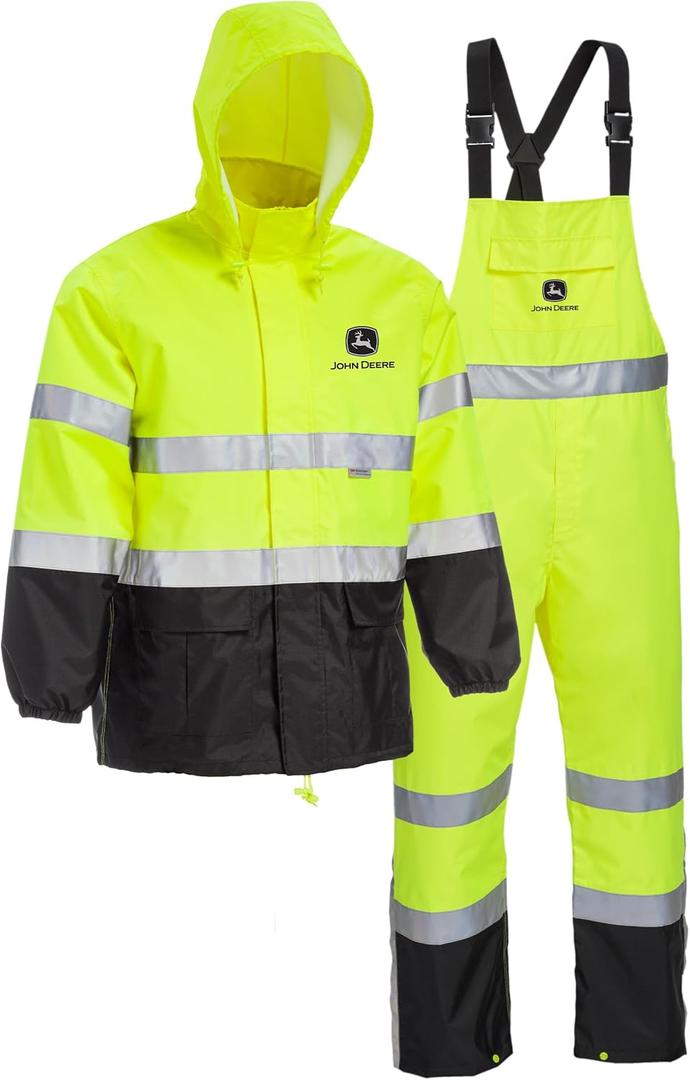 John Deere Hi-Visibility Rain Suit, ANSI Class 3, Poly Oxford with PU Backing, Hi-Vis Yellow/Black (Large)