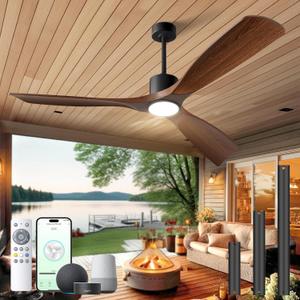 Ceiling Fans with Lights, Ceiling Fans with Lights and Remote, 60 inch Modern Smart Ceiling Fan with Light, Outdoor Ceiling Fans for Patios 3 Blade Bedroom Living Room Porch(Dark Walnut)