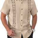 Men's Vintage Bowling Shirts Short Sleeve Button Up Tropical Beach Summer Shirts (Beige, XXL)