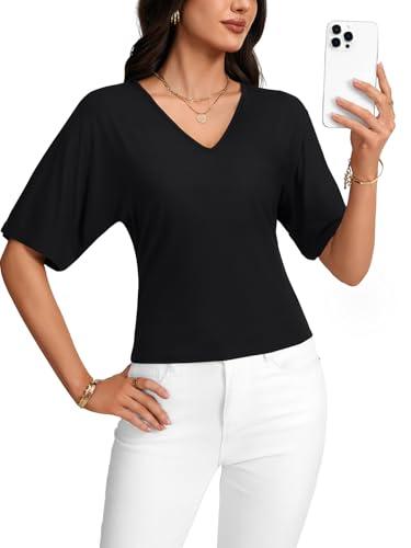 LYANER Women's Batwing Sleeve V Neck Slim Fit Elegant Blouse Top Shirt Black Large