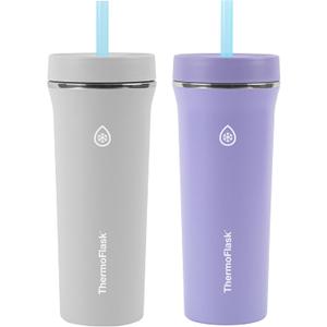 ThermoFlask Tumbler - BPA-Free Water Tumblers - Durable, Reusable Tumblers with Plastic Lids & Straws - Travel Water Container with Temp-Lock Technology - 32 oz, Purple/Grey (2 Pack)