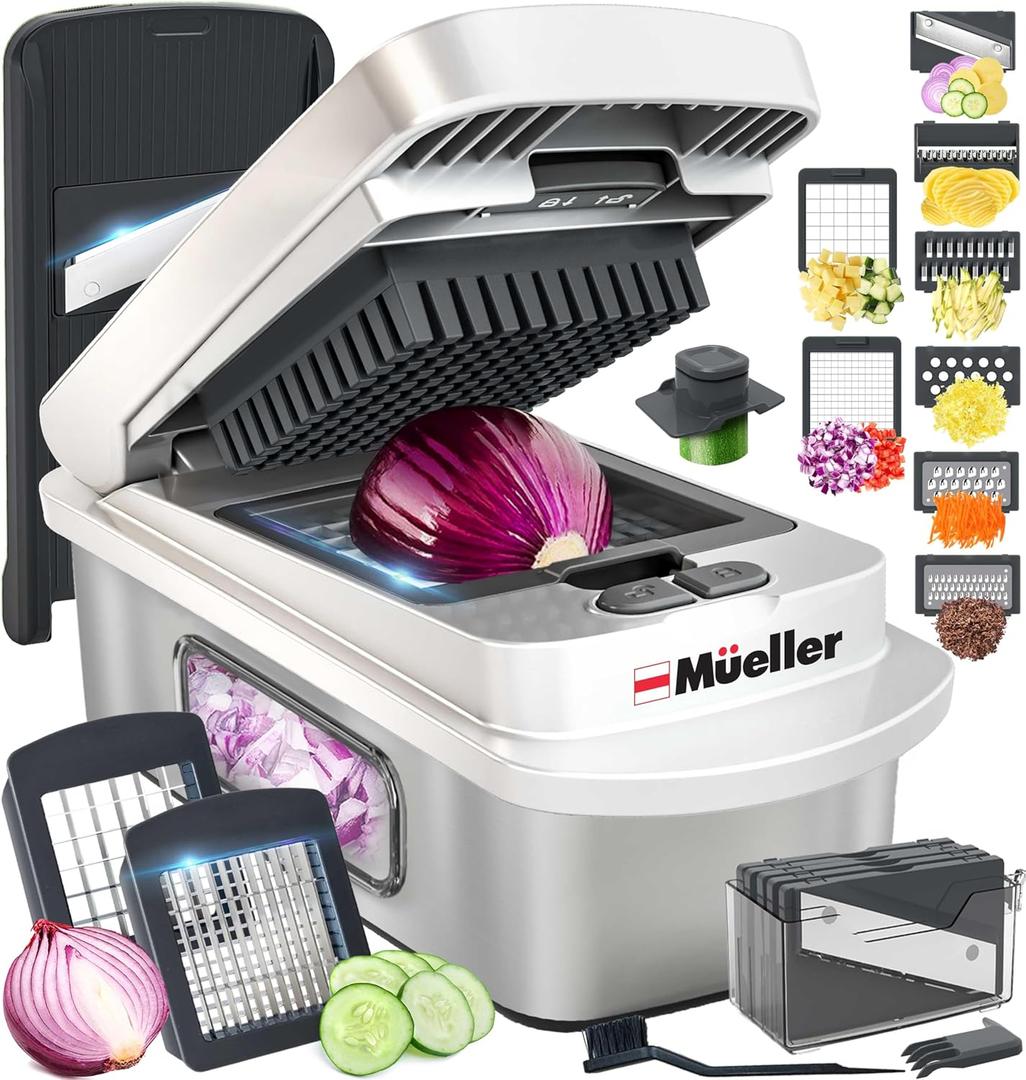 Mueller Pro-Series 10-in-1, 8 Blade Stainless Steel Multi Vegetable Chopper And Mandoline Slicer, Kitchen Accessories and Essentials, Food and Veggie Chopper, Mincer, Dicer, White Sand/Grey