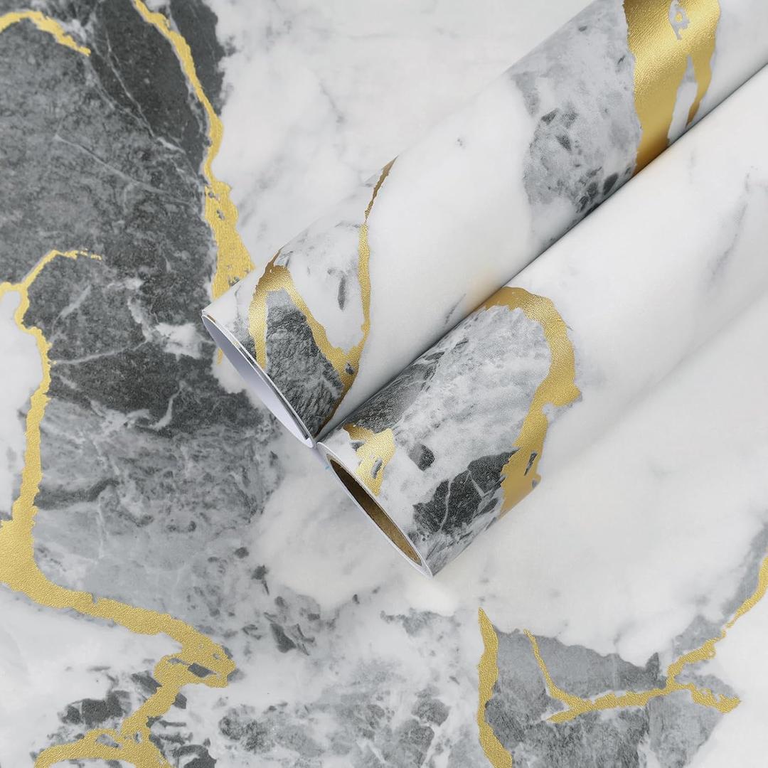 CHIHUT Thick White Grey Gold Marble Contact Paper Peel and Stick Self Adhesive Matte Waterproof Removable Countertop Vinyl Wrap Liquid Granite Wallpaper Roll for Kitchen Bathroom Cabinet 12"x100"