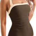 SUUKSESS Women Sexy Tummy Control One Piece Swimsuit Halter Retro Bathing Suit (Brown, M)