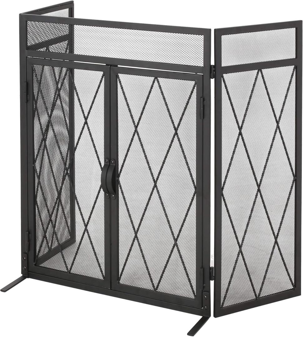 Laurel Modern Iron Folding Fireplace Screen with Door, Matte Black