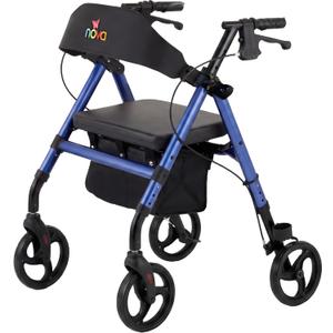 NOVA Vega Rollator Walker - Lightweight 18 lb Folding Mobility Walker, 8” Wheels, Adjustable Height, Hand Brakes, Padded Seat & Backrest, Blue