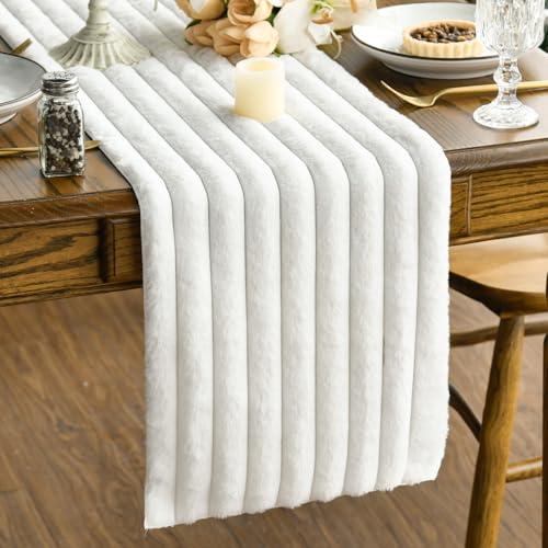 Artoid Mode Ivory Soft Plush Faux Fur Jacquard Table Runner, Holiday Seasonal Kitchen Dining Table Decoration for Home Party Decor 13x60 Inch