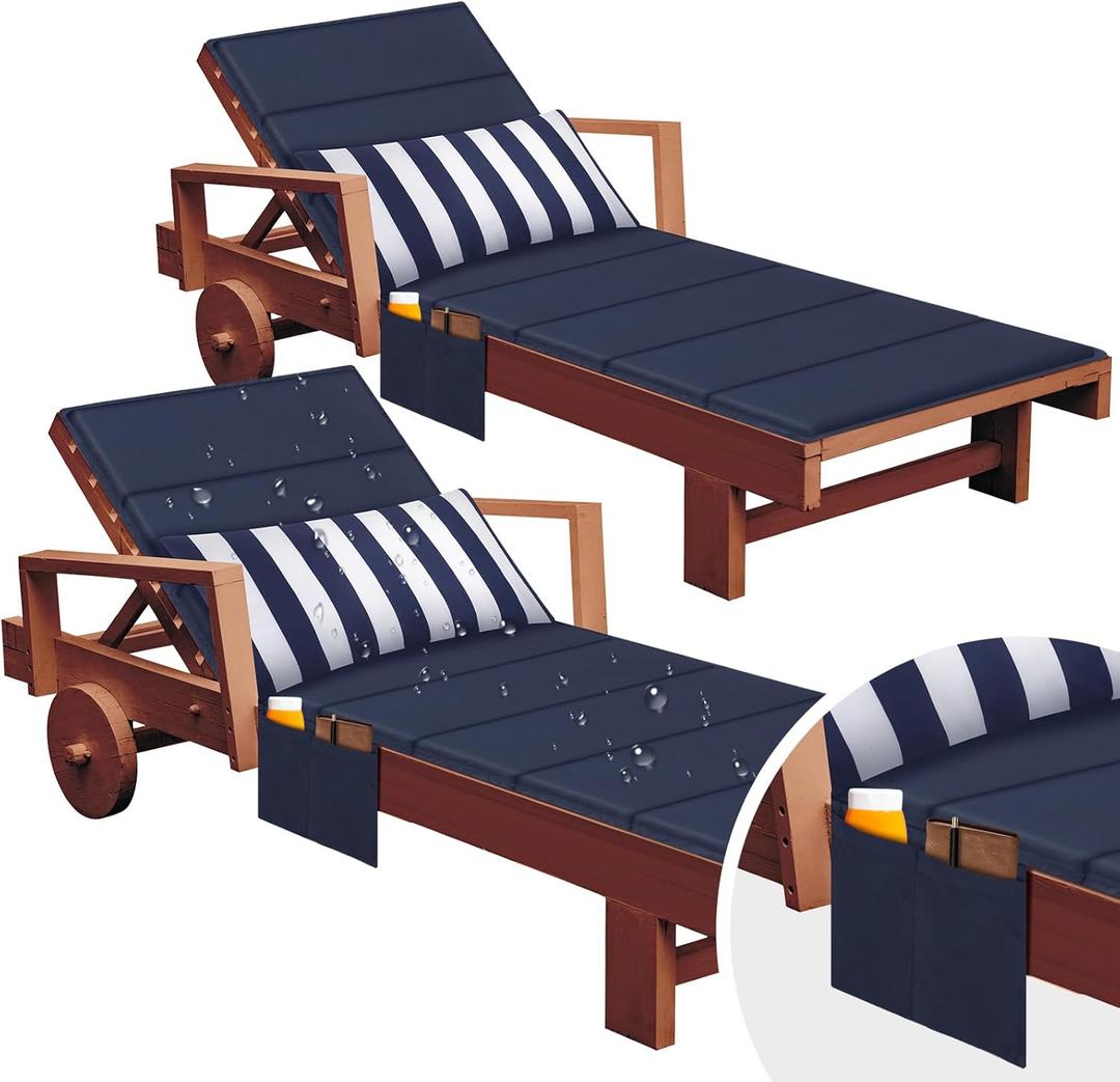 Wenqik 2 Pcs Outdoor Lounge Chair Cushion with Waist Pillow and Side Pockets 72'' x 21'' Waterproof Folding Lounge Cushions for Patio Pool Lawn Beach Outdoor, Navy Blue, No Chair