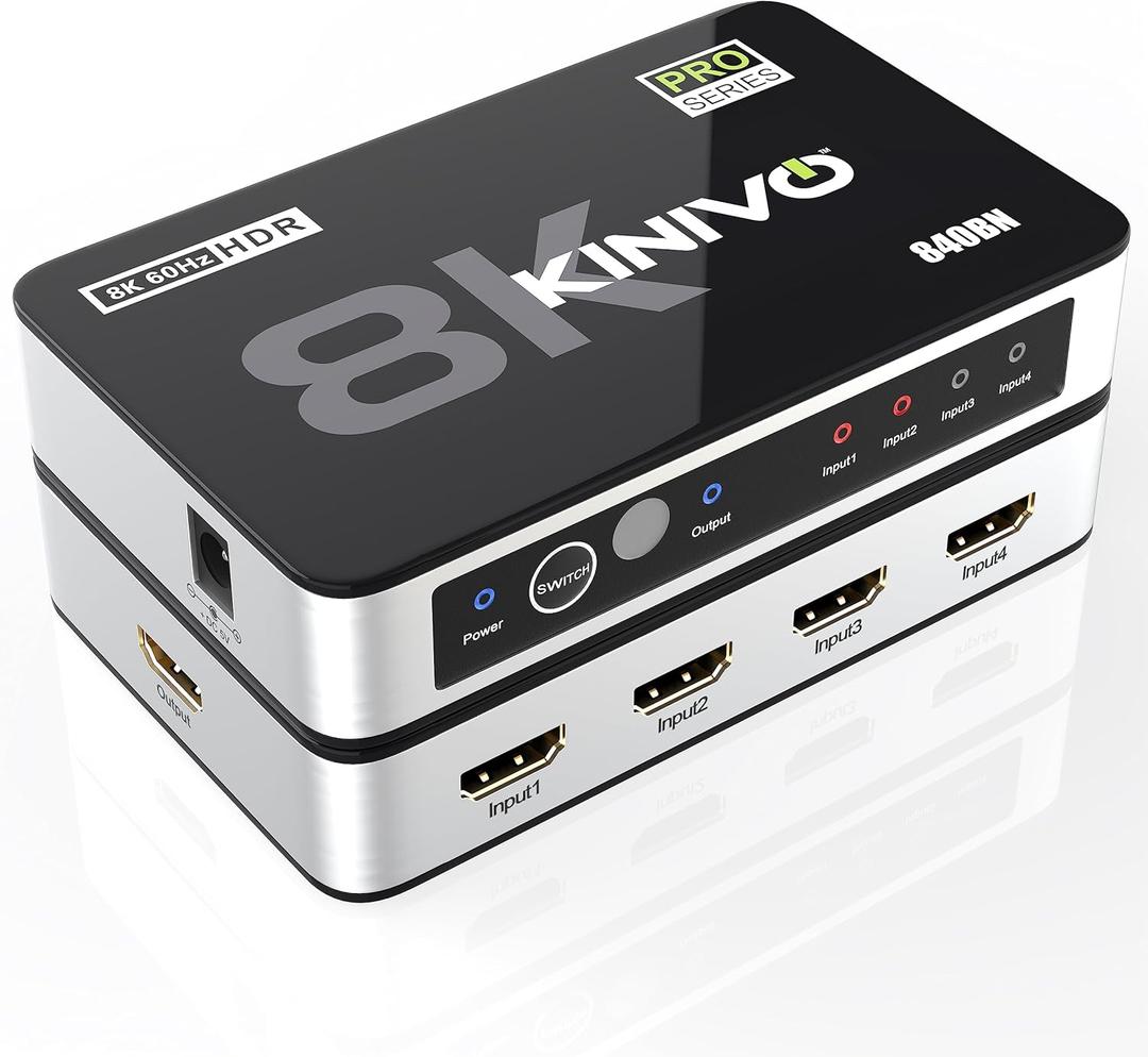 Kinivo 8K HDMI Switch (8K 60Hz, 4 in 1 Out, 48Gbps HDMI 2.1 Hub, Ultra HD Switcher, HDR10+, Dolby Atmos) - Compatible with HDTV, Nintendo Switch 2, PS5, Xbox, Apple TV