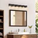 Farmhouse Bathroom Vanity Light Fixtures, Rustic 6-Light Wood Vanity Lights for Bathroom, Vintage Black Wall Sconces Lighting, Light fixtures Over Mirror, with Glass Shade
