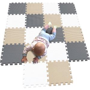 MQIAOHAM 18 Pieces Puzzle Play Mats, Soft Baby Play Mat, Kids Interlocking Foam Floor Tiles, Toddlers Carpet Playmats G301018-101110112 (871721cm, White Beige Grey)