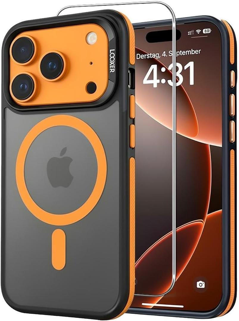 LOOXER Armor Rugged Magnetic Case for iPhone 17 Pro Max (6.9) | Military-Grade Drop Protection, Shockproof Bumper with Side Grip | MagSafe Compatible + Screen Protector Included (Orange,17 Pro Max)