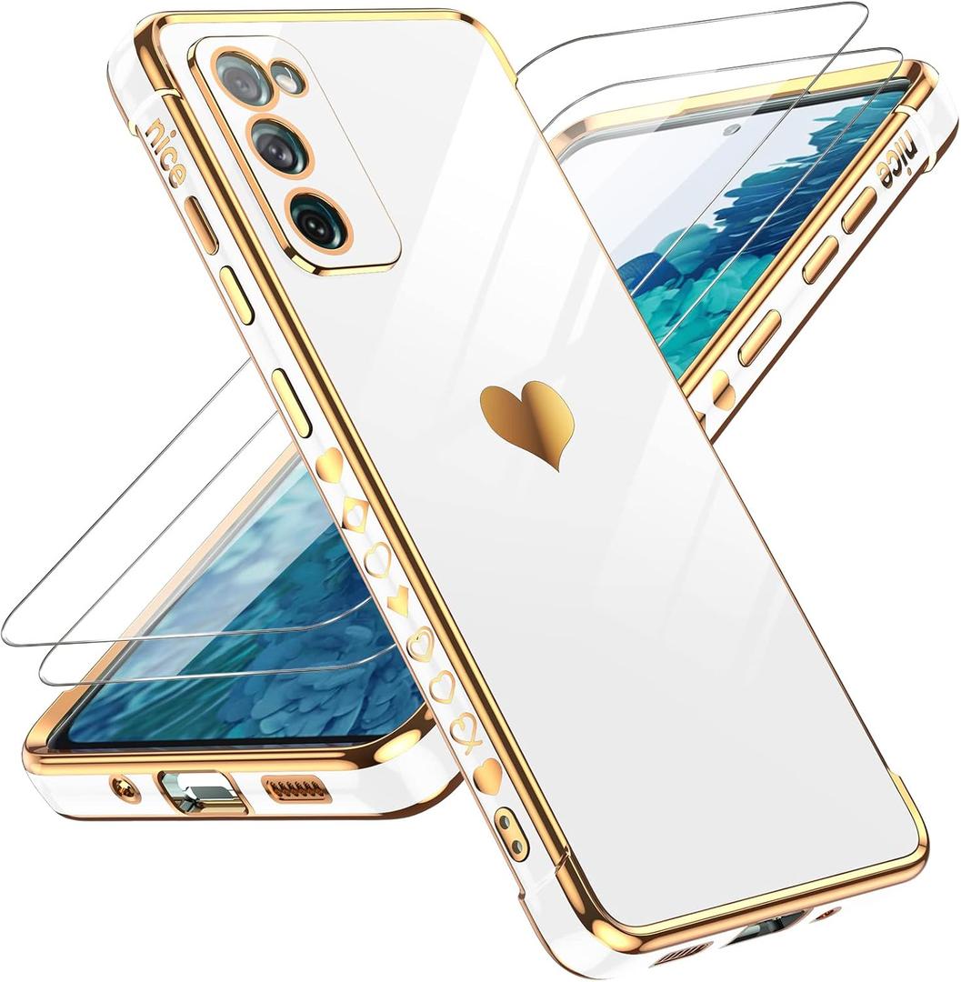 LeYi for Samsung Galaxy S20 FE Case with Screen Protector [2 Pcs]+ Full Camera Protection, Love Heart Plating Girly Women Cute Luxury Soft TPU Case for Samsung S20 FE, White