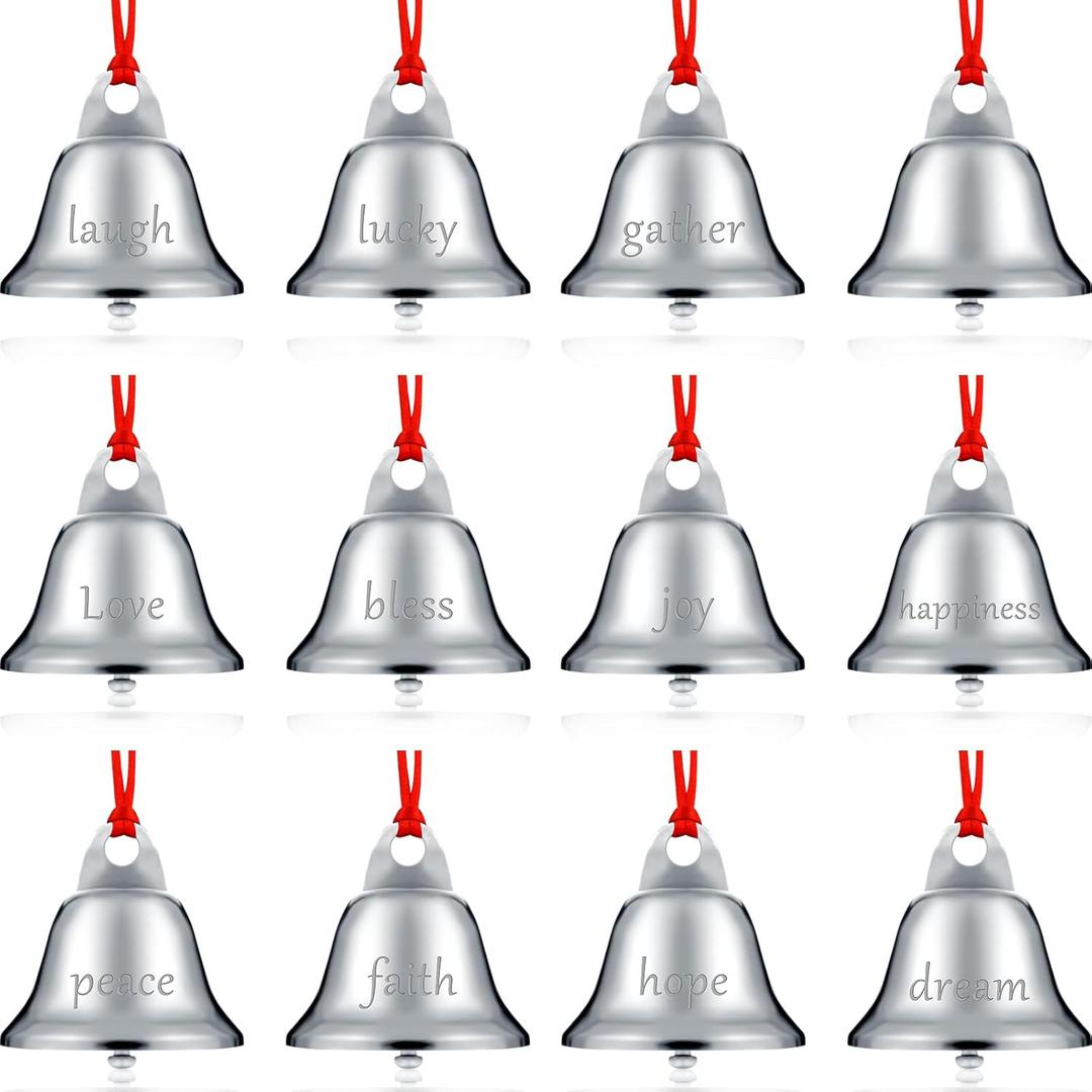 Sratte 24 Pack 1.5 Inch Christmas Bells Ornament Xmas Believe Jingle Decoration Silver Santa Sleigh Bell Christmas Printed Bell with Red Ribbon for Xmas Tree Home Decoration(Trumpet)