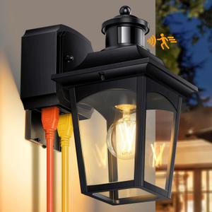 Porch Lights with GFCI Outlet, Motion Sensor Outdoor Lights, Dusk to Dawn Exterior Light Fixture, 3 Lighting Modes Waterproof Aluminum Black Outside Wall Sconce for House, Front Door, Garage (1 Pack)