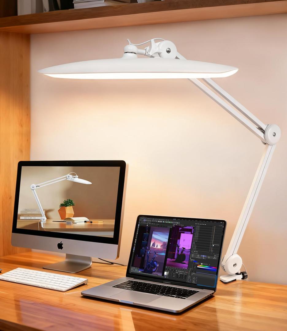 Led Desk Lamp with Clamp, Eye Caring Architect Desk Light for Home Office, Dual Screen Computer Monitor Gooseneck Adjustable Arm 20" LED Lamp, Stepless Dimming, for Nails &Salon, Reading, Workbench