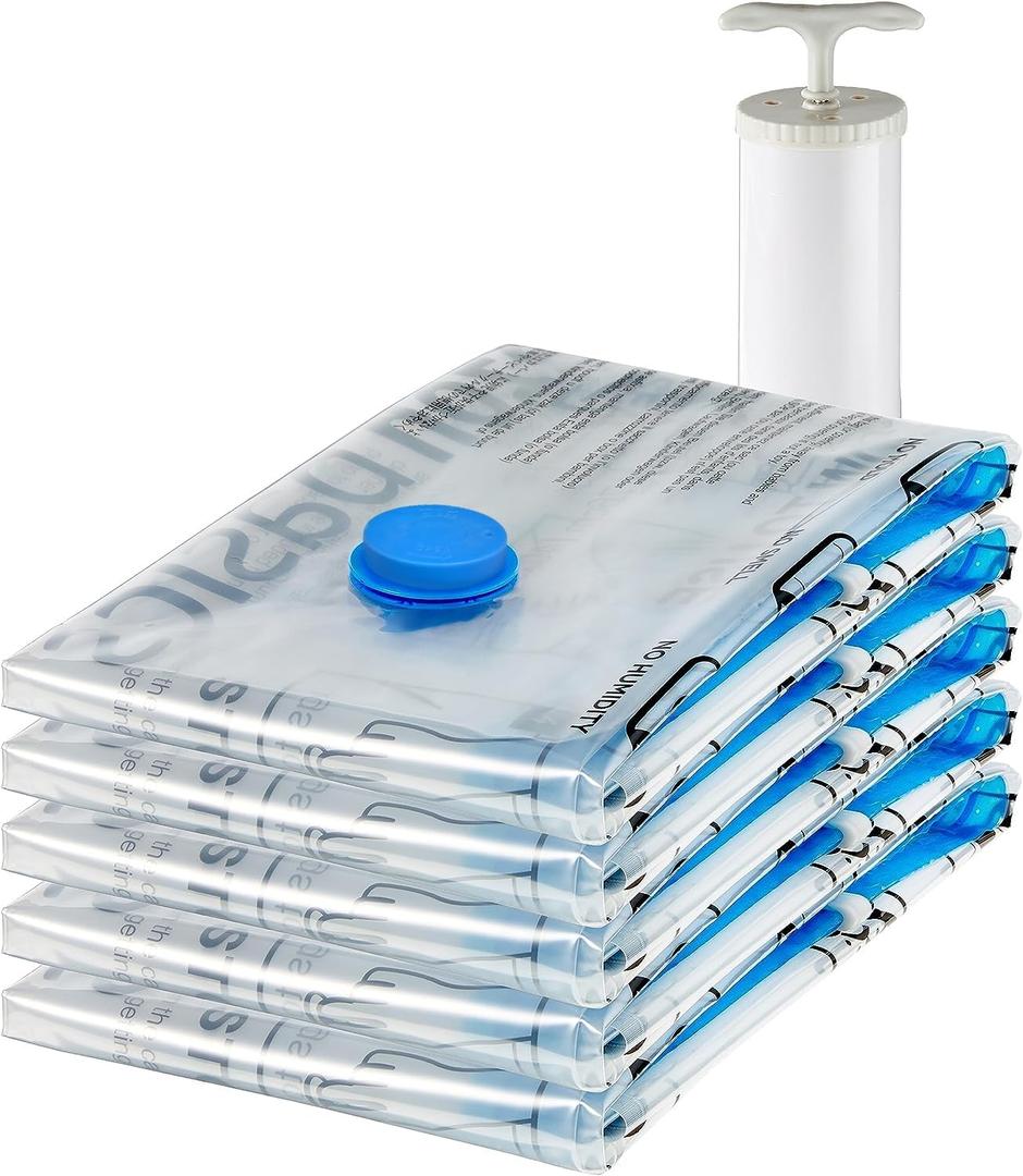 Amazon Basics Vacuum Storage Bags, Compression Space Saving for Clothes and Linens, Reusable with Hand Pump, Large, Clear, 5-Pack