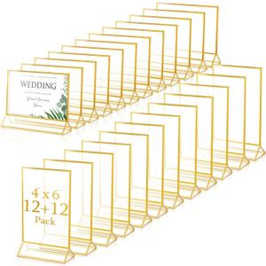 24 Pack Gold Picture Frames 4 x 6 Inch Clear Acrylic Sign Holders Double Sided Display Frames Bulk with Stand 2 mm Gold Border for Table Numbers Wedding Party (Horizontal, Vertical)