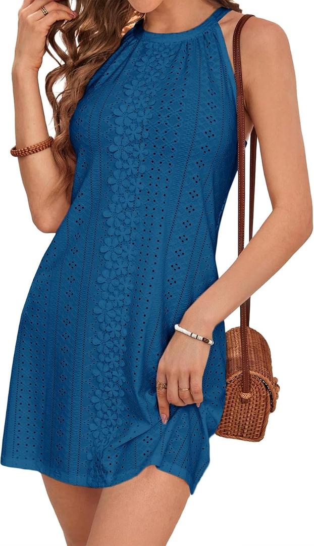 MITILLY Womens Halter Summer Eyelet Mini Dress Casual Sleeveless Floral Lace Lined Sundresses for Beach Vacation Holiday (Blue, L)