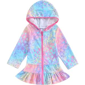 Mubineo Toddler Girl Long Sleeve Swimsuit Beach Dress Cute Cover Ups Ruffle Bathing Suit Cover Up Kimono Kids Swimwear (5-6 Years, Rainbow Mermaid)