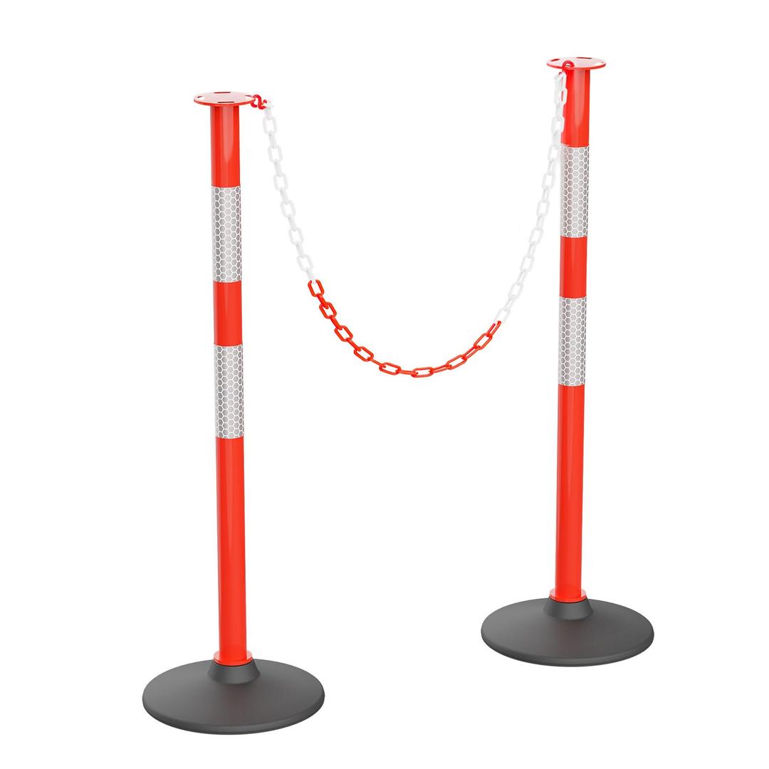 RoadHero 2 Pack Traffic Delineator Post with Weighted Base, Portable Orange Safety Barrier Posts Cones with 5 FT Plastic Chain and Reflective Collars for Parking Lots, Road Safety, Construction Events (34 INCH)