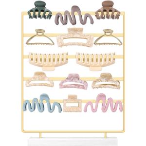 SNOWSTAR Hair Claw Clip Holder Organizer - 5 Tier Iron Rod Hair Clip Holder Storage for Women Girls, Wood Base Desktop Organizer (Gold)