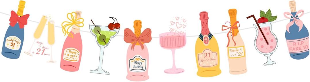 Pre-Strung Champagne Wine and other Drinks Bottles and Glasses Banner, Happy 21st Birthday Decorations for Her, 21 Year Old Party Decor for Women