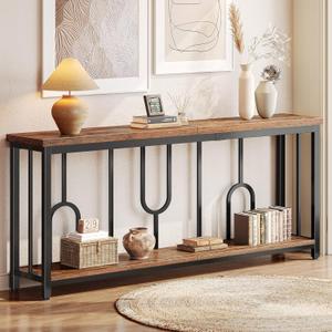 Huuger 63 Inch Entryway Table, 2-Tier Industrial Console Sofa Table with Storage, Accent Table, for Entry, Hallway, Entrance, Foyer, U-Shaped Metal Frame, Rustic Brown