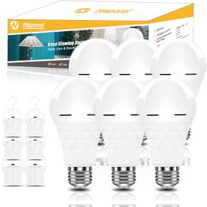 Neporal A19 Rechargeable Light Bulbs, Socket Rechageable Battery Backup for Power Outages, Emergenecy Light Bulbs for Power Failure, Hurricane, Led Bulb 60 Watt Equiv., (Daylight-6 PK) (6 Count (1200mAh), White)