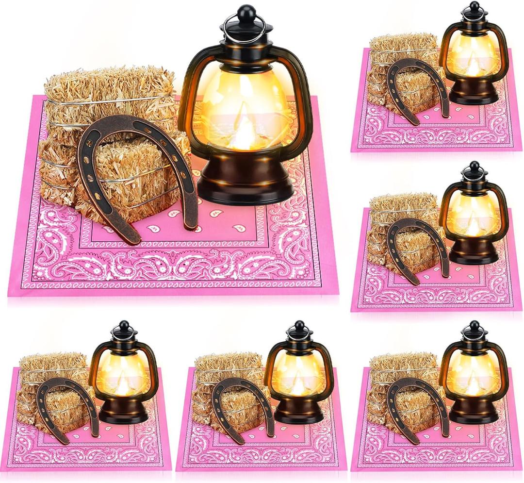 Shihanee 36 Pcs Western Cowboy Table Centerpieces Cowgirl Party Decorations with Lucky Horseshoe Lanterns Hay Bales Cowboy Bandannas for Western Birthday Wedding Party Decorations(Pink)