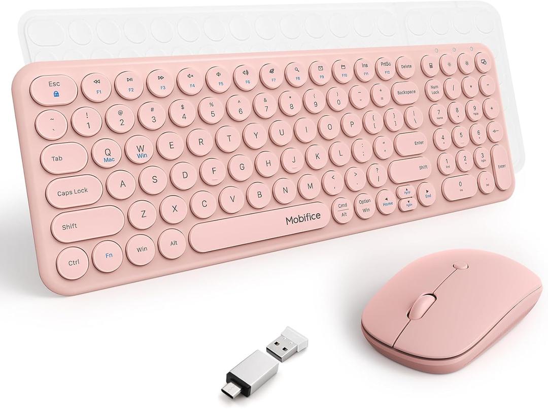 Wireless Keyboard and Mouse Combo 2.4GHz USB Ultra-Thin Cute Cordless Compact-Sized Silent Retro Computer Keyboard & Mouse Set for Office PC Computer,Laptop,Windows,Mac,Microsoft,Tablets(Peach Pink)