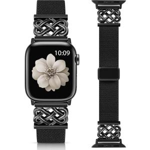 Minyee Magnetic Stretchy Band Compatible with Apple Watch Bands 38/40/41/42/44/45/46/49mm Women Men, Celtic Knot Soft Elastic Nylon Fabric Strap for iWatch Series 11 10 9 8 7 6 5 4 SE/Ultra 3 2 1 (Black/Black)
