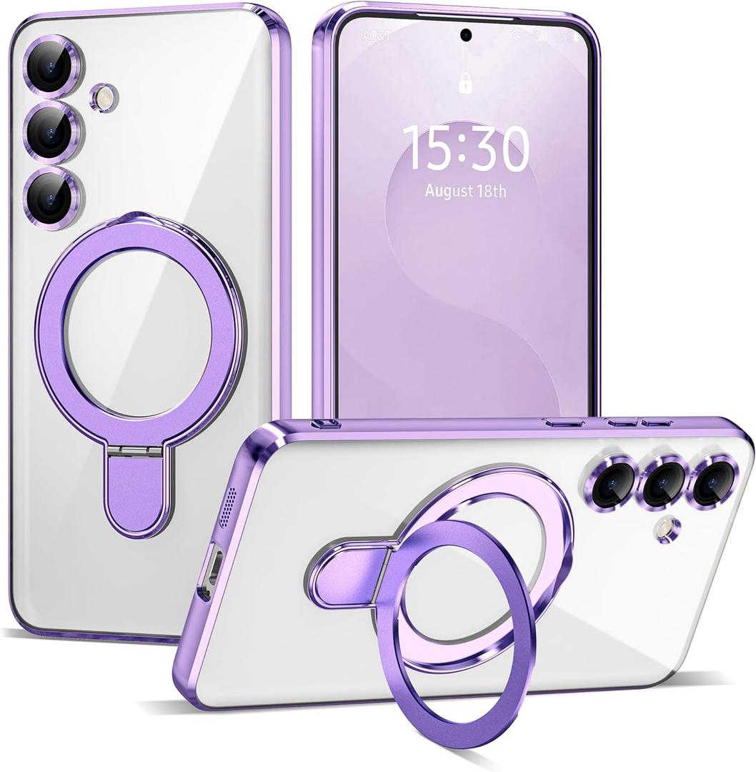 Compatible with Samsung Galaxy S25 Case with Magnetic Ring Stand [Compatible with Mag-Safe] [Full Camera Lens Protector] Plating Clear Phone Case for S25 6.2", Light Purple