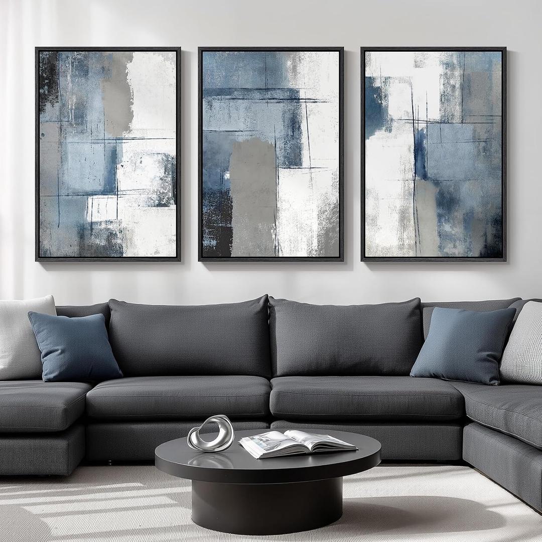 Large Framed Blue and Grey Abstract Wall Art for Living Room, 3 Piece Modern Canvas Prints Paintings Artwork for Walls, Minimalist Abstract Pictures Wall Decor for Hallway Office Bedroom 24x36 In, 24" W x 36" H x 3Pcs