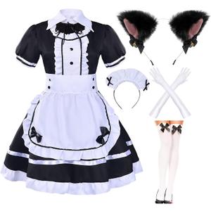 Japanese Anime Sissy Maid Dress Cosplay Sweet Classic Lolita Fancy Apron with Socks Gloves Set (4X-Large, Black With Furry Headwear)