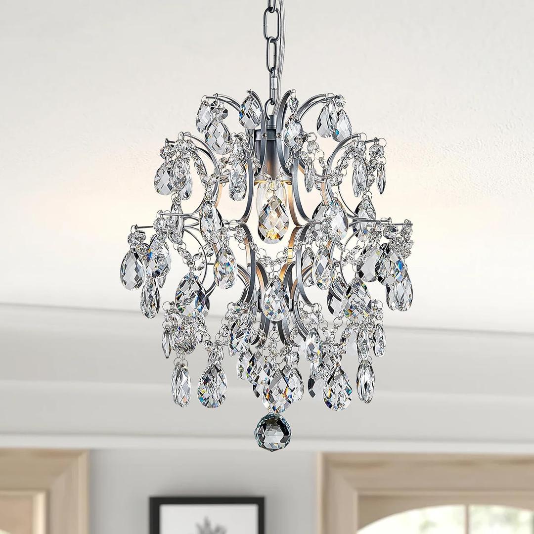 Bestier Modern Pendant Chandelier Crystal Raindrop Lighting Ceiling Light Fixture Lamp for Dining Room Bathroom Bedroom Livingroom entryway 1 E26 Bulbs Required D13 in x H16 in (D13" x H16", Silver)