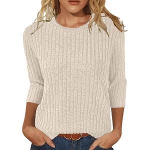 Sweaters for Women 3/4 Sleeve Tops Round Neck Loose Casual Blouses L