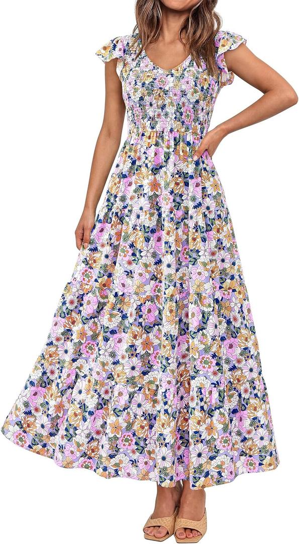 PRETTYGARDEN Women's Summer Flowy Maxi Dress Casual Cap Sleeve V Neck Smocked Beach Sundress L