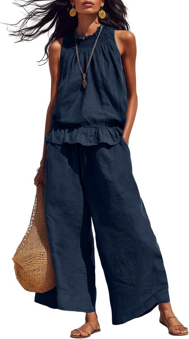 Tanming Women's Linen 2 Piece Outfits Sleeveless Ruffle Top Wide Leg Pants Summer Loungewear Beach Travel Sets S