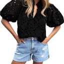 BTFBM Womens Blouses Summer Hollow Out Eyelet Embroidery Tops V Neck Buttons Puff Sleeve Boho Shirts Spring Fashion 2026 (Black, XL)