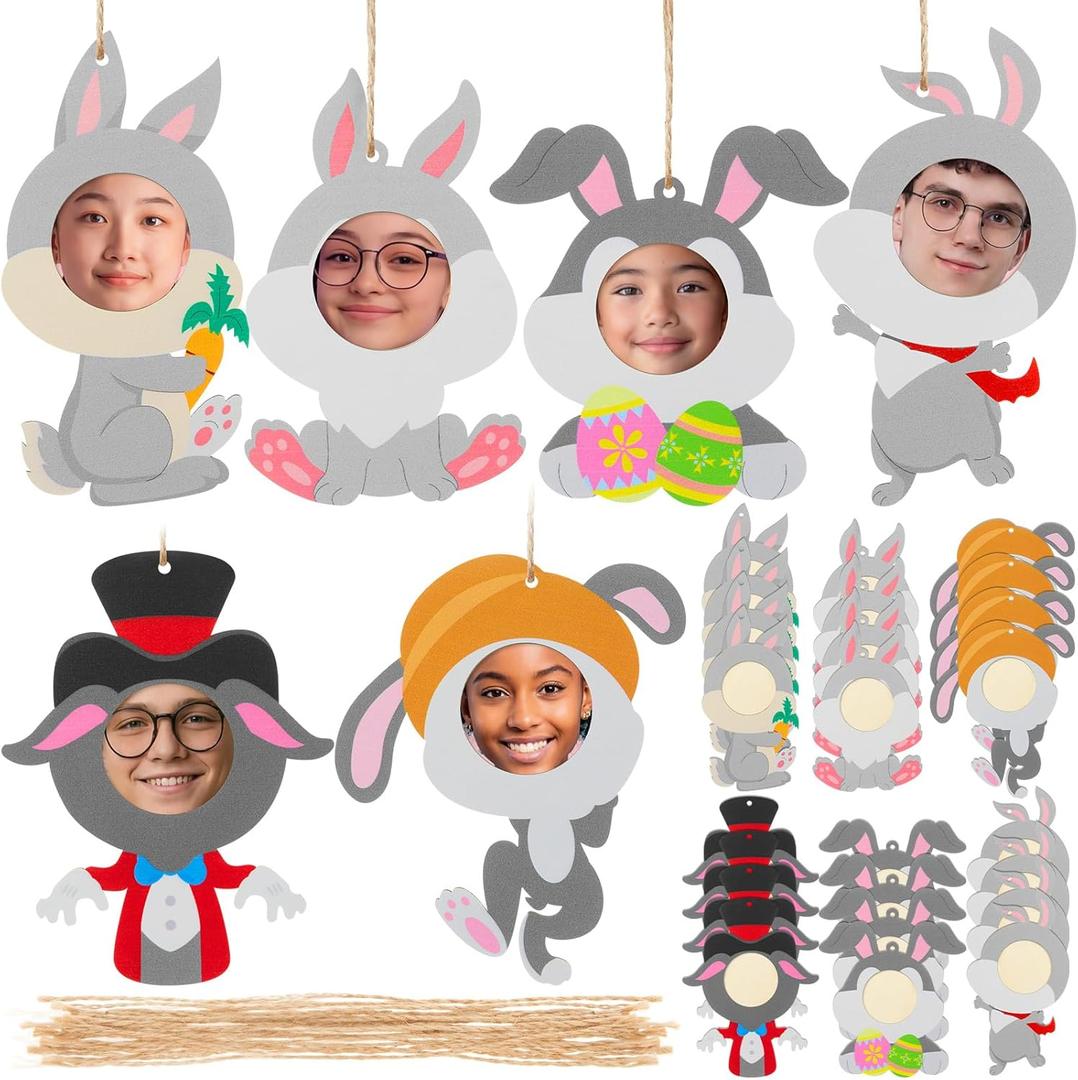 Thyle 24 Pcs Easter Bunny Picture Frame Craft Kits Wooden Bunny Photo Craft Hanging Ornaments Decorative for Easter Class Game Activities Gifts