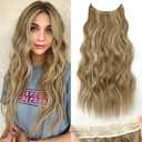 KooKaStyle Invisible Wire Hair Extensions with Transparent Headband Adjustable Size 4 Secure Clips Long Wavy Secret Wire Hairpiece for Women (20 Inch, Light Brown mix Golden Blonde)