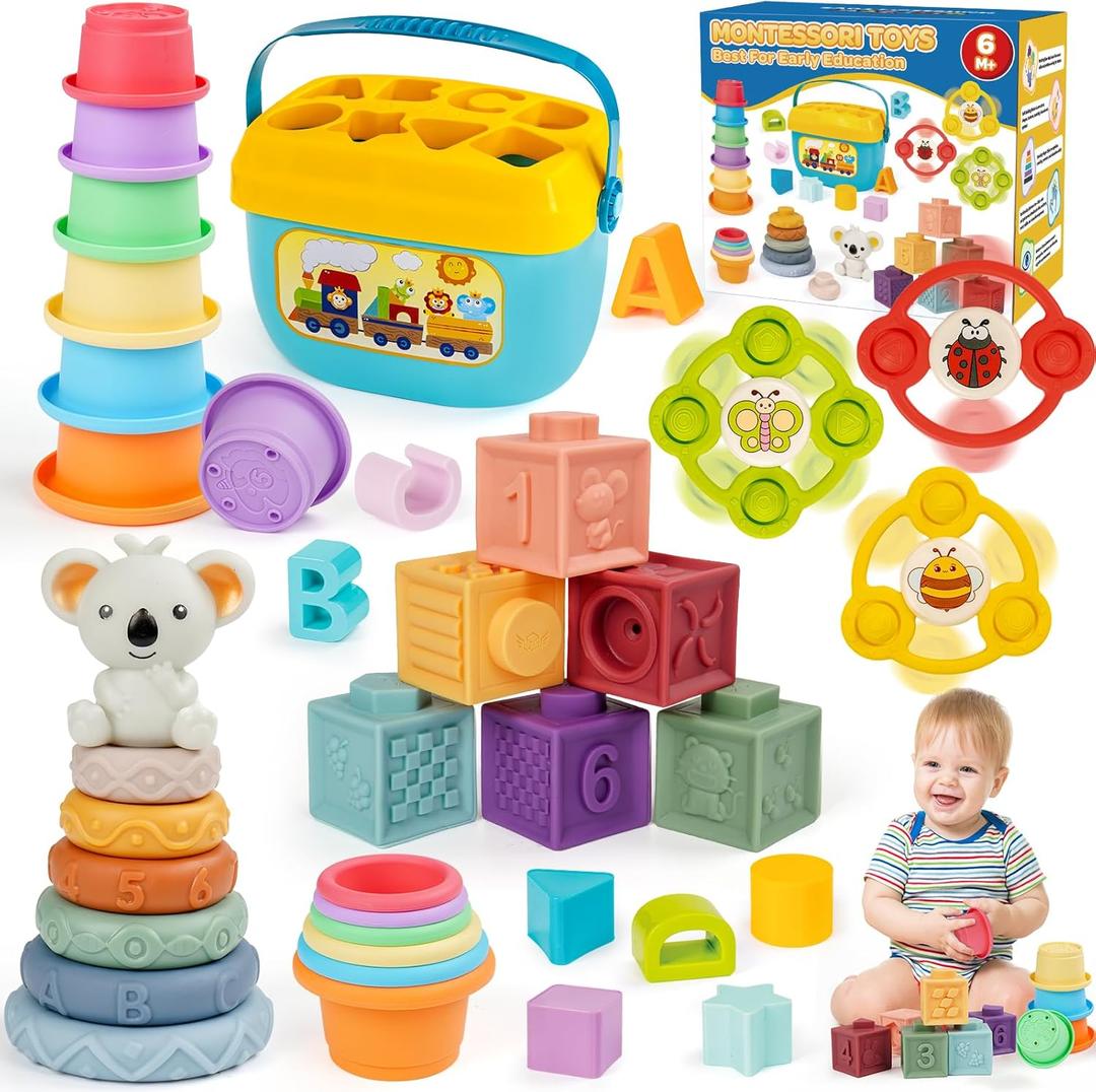 Montessori Toys for Babies Ages 61218 Months with Sensory Shape Sorter Matching Game Box Stacking Cups Soft Ring, Building Blocks, Spinner Developmental Learning Toys for Toddlers 1+ Year Old