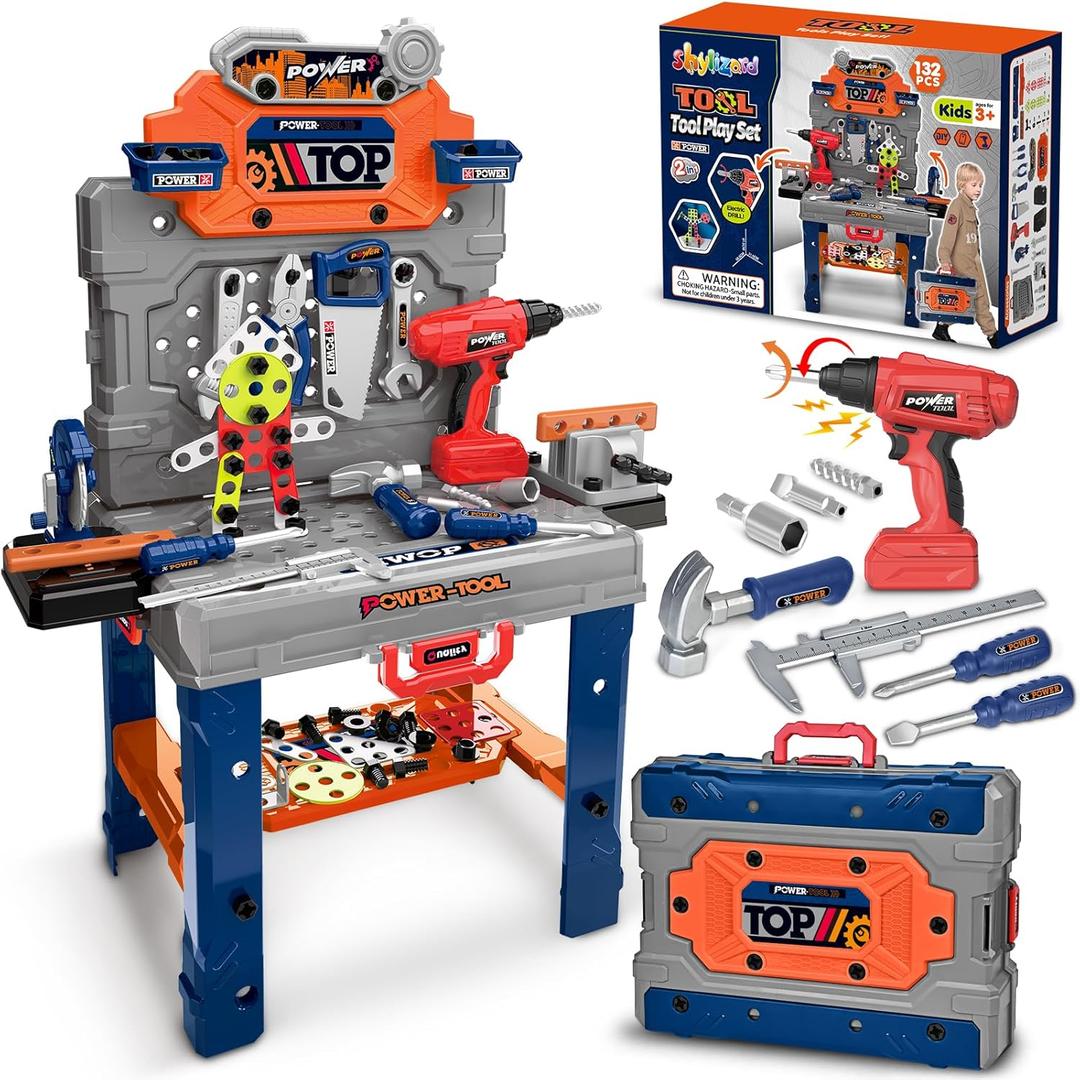 Kids Tool Bench with Realistic Electric Drill, 132 PCS Toddler Tool Set, Birthday Toys for Kids Ages 3 4 5 6 7 8, Toddlers Tool Box & Workbench, Kid Tools Set for Boys Girls 3-5 6-8 (Orange)