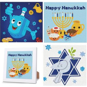 3 Pack Hanukkah Diamond Art Kits with Frames, Cartoon Chanukah Sign DIY Diamond Painting Kits, 5D Crafts for Kids Ages 4-8-12, Hanukkah Decorations for Home Party Table