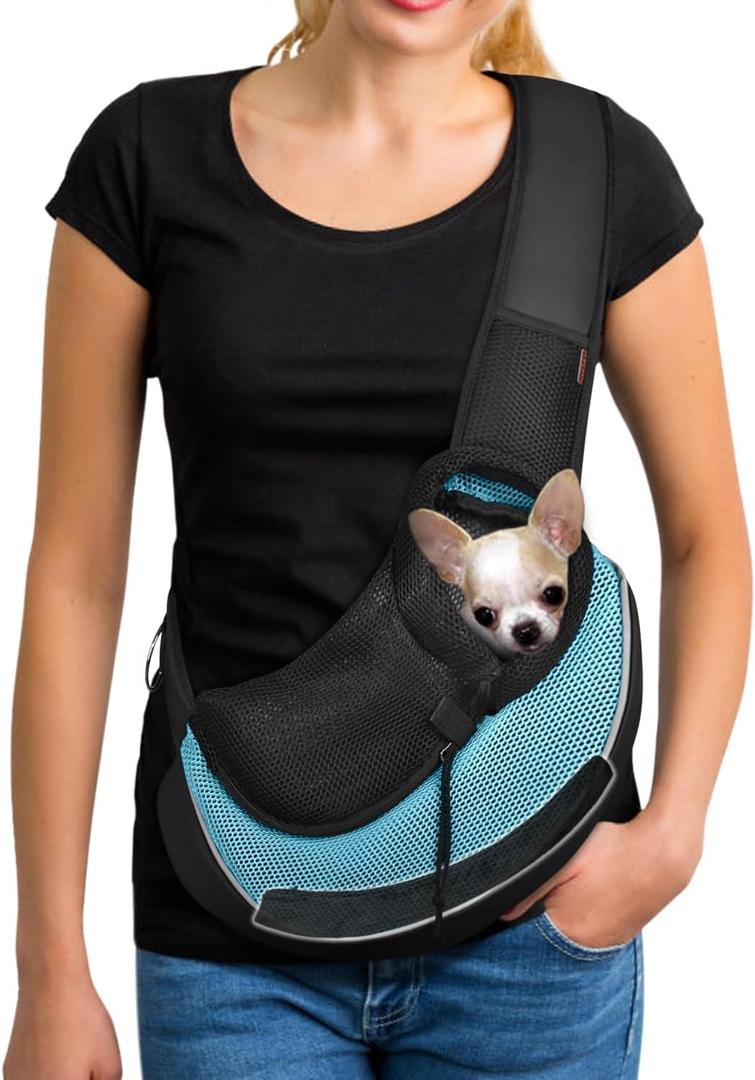 YUDODO Pet Sling Carrier for 2-5 lbs Small Dogs & Cats  Hands-Free Puppy Carrier with Safety Hook, Large Zipper Pocket, Soft Breathable Mesh, Adjustable Strap & Reflective Strip (Cyan 3.0 S)