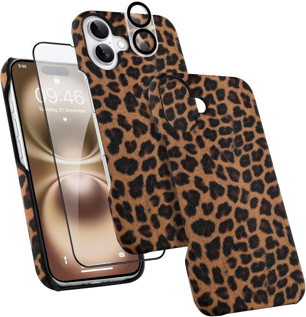 OOK for iPhone 16 Case with Screen Protector + Camera Lens Protector, Retro Cool Leopard Print Cheetah Half-Wrapped PU Phone Case for Women Men, Slim Minimalist Hard PC Case Cover, Brown